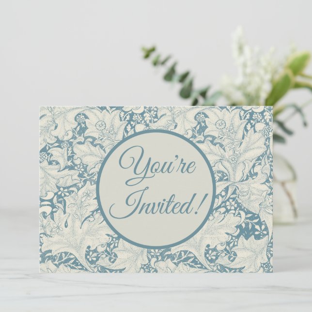 Invitación William Morris Wallflower damasco azul floral (Anverso de pie)