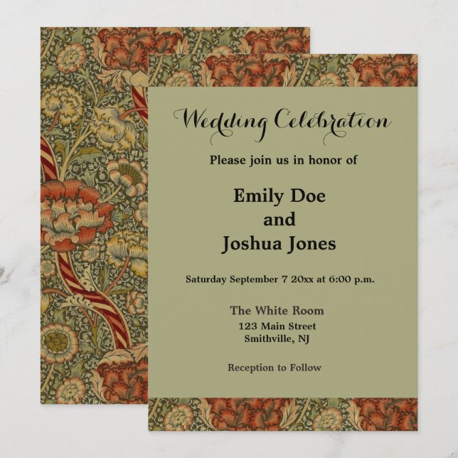 Invitación William Morris Wandle English Floral Damask Design (Anverso / Reverso)