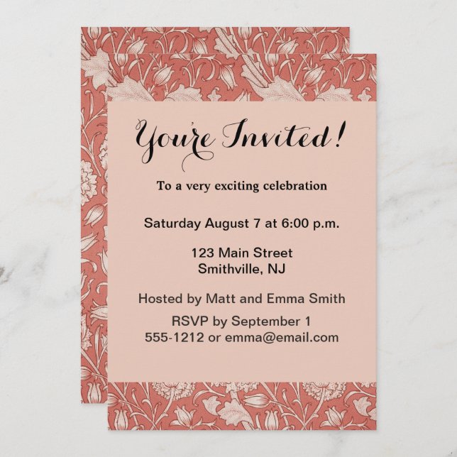 Invitación William Morris Wild Tulip Classic Victorian Design (Anverso / Reverso)