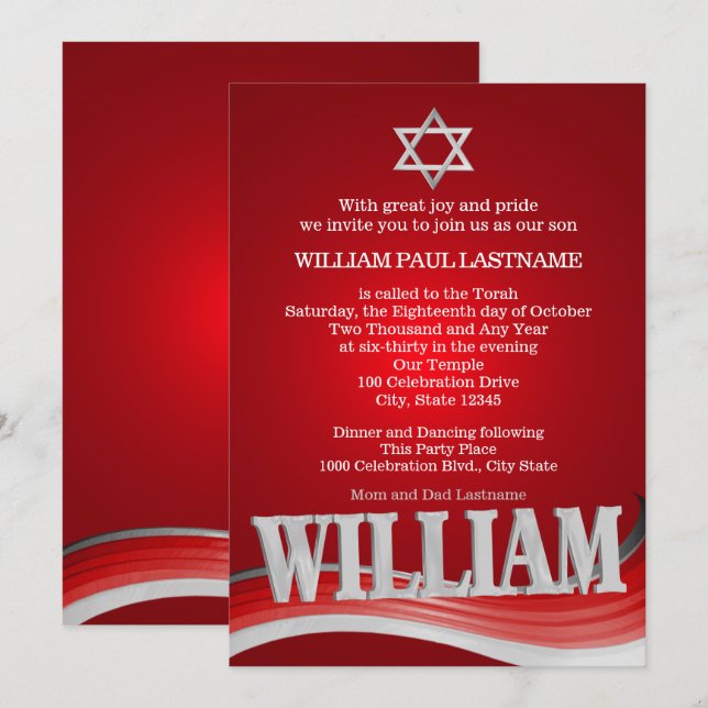 Invitación William Steel Wave Red Bar Mitzvah (Anverso / Reverso)