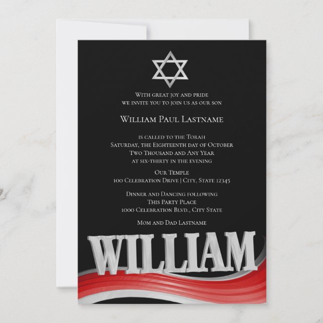 Invitación William Steel Wave Red Bar Mitzvah (Anverso)