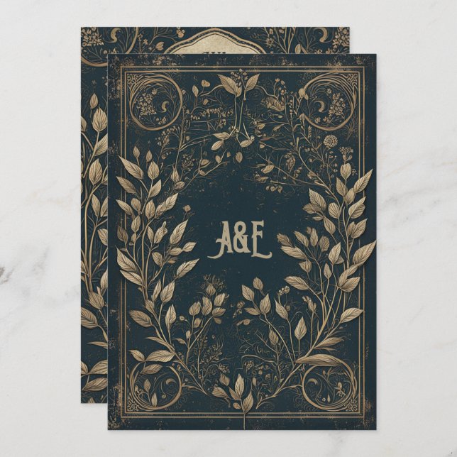 Invitación Willow azul y oro encantado (Anverso / Reverso)