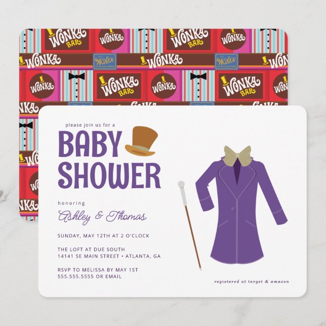 Invitación Willy Wonka y el Baby Shower de la fábrica de choc (Anverso / Reverso)