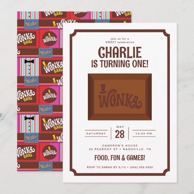 Invitación Willy Wonka y el cumpleaños de la fábrica de choco (Anverso / Reverso)