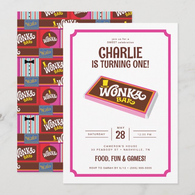 Invitación Willy Wonka y el cumpleaños de la fábrica de choco (Anverso / Reverso)