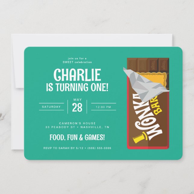 Invitación Willy Wonka y el cumpleaños de la fábrica de choco (Anverso)
