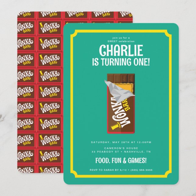 Invitación Willy Wonka y el cumpleaños de la fábrica de choco (Anverso / Reverso)