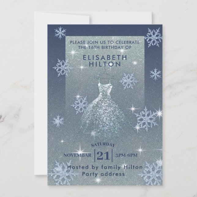 Invitación Wind wonderland copos de nieve vestido dulce dieci (Anverso)