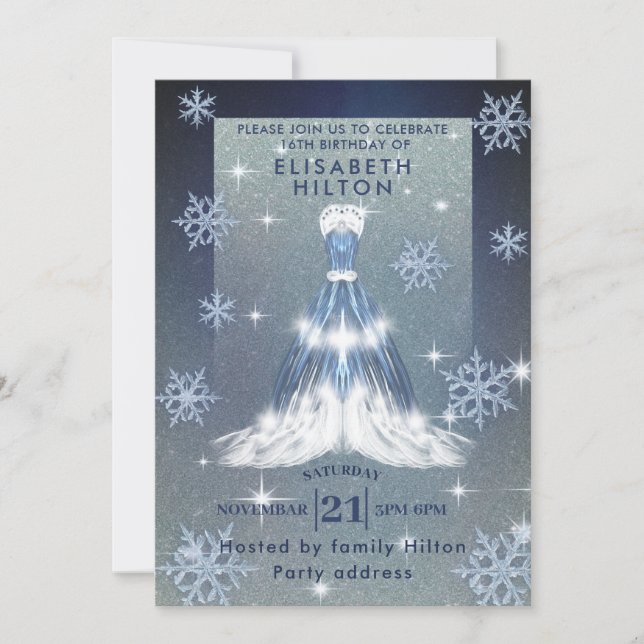 Invitación Wind wonderland copos de nieve vestido dulce dieci (Anverso)