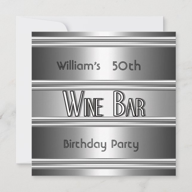 Invitación Wine Bar metalizado Silver Black 50 Birthday Hens (Anverso)