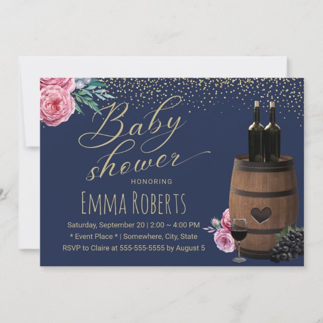 Invitación Wine Barrel Navy Gold Confetti Floral Baby Shower (Anverso)