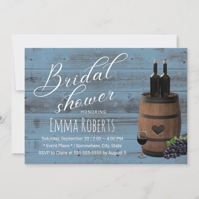Invitación Wine Barrel Rustic Dusty Blue Barn Bridal Shower (Anverso)