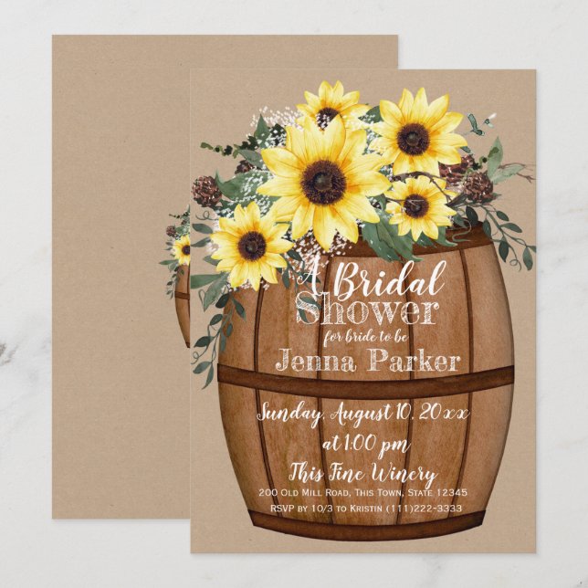 Invitación Wine Barrel Sunflower Bouquet Bridal Shower (Anverso / Reverso)