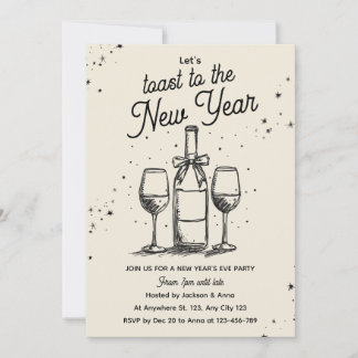 Invitación Wine Bottle and Glasses Hand Drawn New Year Party