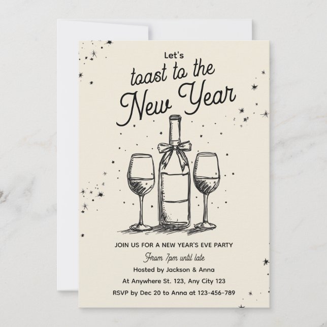 Invitación Wine Bottle and Glasses Hand Drawn New Year Party (Anverso)