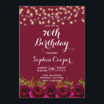 Invitación Wine Burgundy Floral String Lights 70th Birthday<br><div class="desc">Rústico País Vino Rojo Borgoña Marsala Floral 70º hito Plantillas de Invitación de fiesta de cumpleaños. Rústico rojo burdeos, marsala rosas acuarelas, disposición floral botánica diseño boda con hojas verdes y luces de cuerda sobre fondo borgoñón. Presenta un elegante diseño de tipografía escrita a mano. Gran elección para la fiesta...</div>