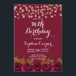 Invitación Wine Burgundy Floral String Lights 70th Birthday<br><div class="desc">Rústico País Vino Rojo Borgoña Marsala Floral 70º hito Plantillas de Invitación de fiesta de cumpleaños. Rústico rojo burdeos, marsala rosas acuarelas, disposición floral botánica diseño boda con hojas verdes y luces de cuerda sobre fondo borgoñón. Presenta un elegante diseño de tipografía escrita a mano. Gran elección para la fiesta...</div>