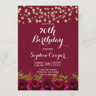 Invitación Wine Burgundy Floral String Lights 70th Birthday