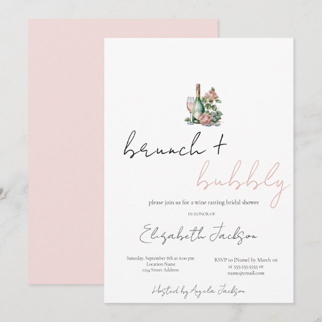Invitación Wine Floral Set Brunch & Bubbly Bridal Shower (Anverso / Reverso)