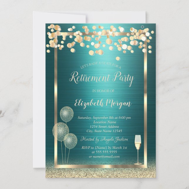 Invitación Wine Glass Balloons Gold Glitter Green Retirement (Anverso)
