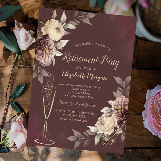 Invitación  Wine Glass Blush Roses Brown Retirement (Subido por el creador)