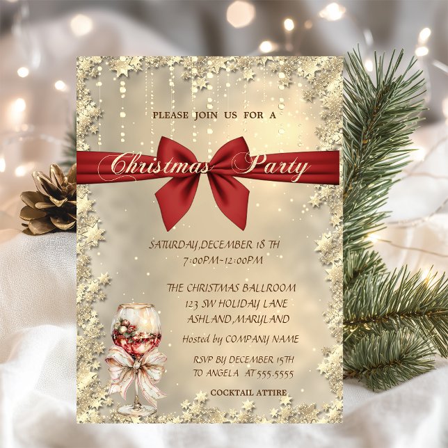 Invitación Wine Glass Bow Gold Christmas Corporated Party (Subido por el creador)