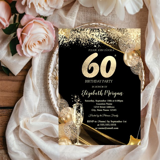Invitación Wine Glass Gold Confetti Balloons 60th Birthday (Subido por el creador)