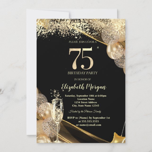 Invitación Wine Glass Gold Confetti Balloons 75th Birthday (Anverso)