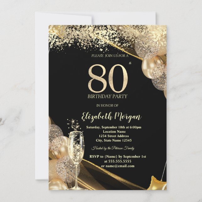 Invitación Wine Glass Gold Confetti Balloons 80th Birthday (Anverso)