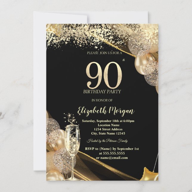 Invitación Wine Glass Gold Confetti Balloons 90th Birthday (Anverso)