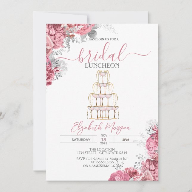 Invitación  Wine Glass Pink  Roses Bridal Luncheon (Anverso)
