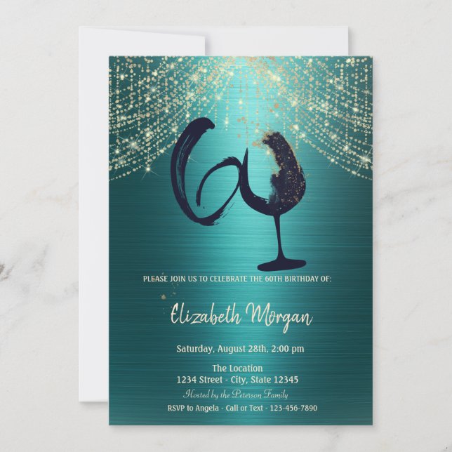Invitación Wine Glass String Lights Green Metallic 60th  (Anverso)