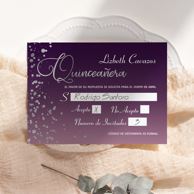 Invitación Wine Mauve Purple Silver Confetti Quinceanera RSVP (Subido por el creador)