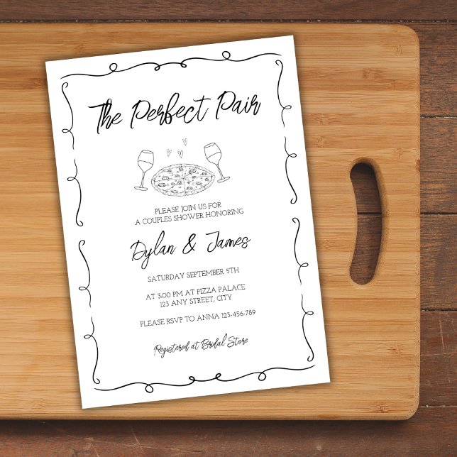 Invitación Wine & Pizza Pareja Perfecta Pareja Pareja Pareja  (Wine & Pizza Perfect Pair Hand Drawn Couples Invitation)