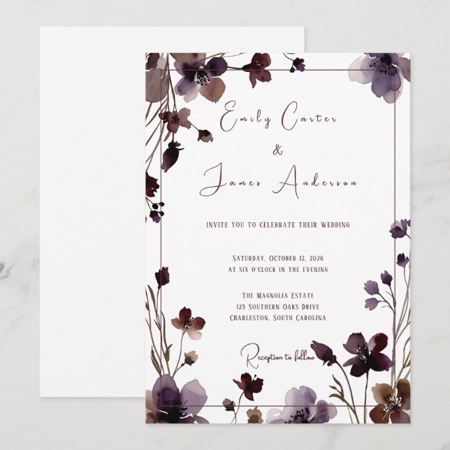 Invitación Wine Red Plum Mauve Fall Floral Wedding (Anverso / Reverso)