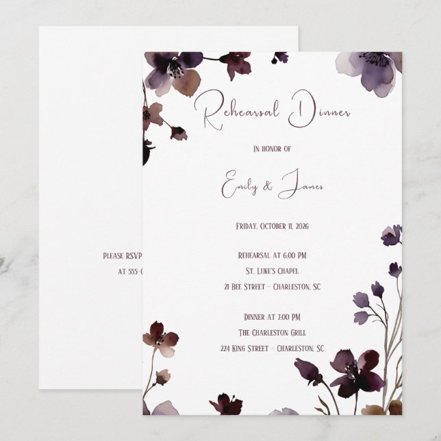 Invitación Wine Red Plum Mauve Fall Floral Wedding (Anverso / Reverso)
