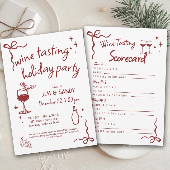 Invitación Wine Tasting Holidays Party Whimsical Christmas (wine tasting holiday party drinks hand drawn winery game charcuterie friendsmas blind christmas )