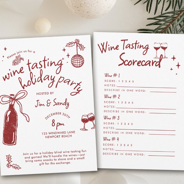 Invitación Wine Tasting Party Scorecard Game Doodle Holiday  (wine tasting holiday party drinks hand drawn winery charcuterie friendsmas blind christmas santa)