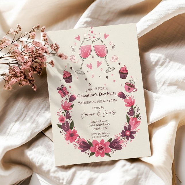 Invitación Wine Toast Floral Galentine's Invitation (Galentines Day Invitation)