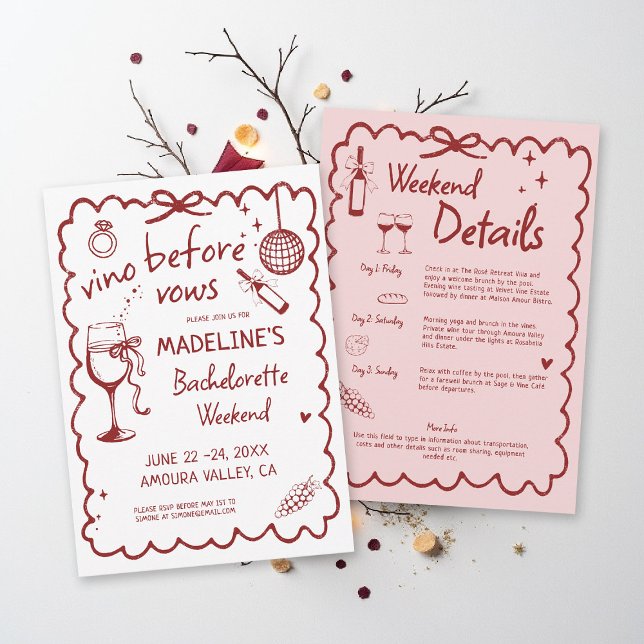 Invitación Winery Bachelorette Vino Before Vows Red Itinerary (winery bachelorette party invitation hand drawn calligraphy burgundy red pink vino before vows)