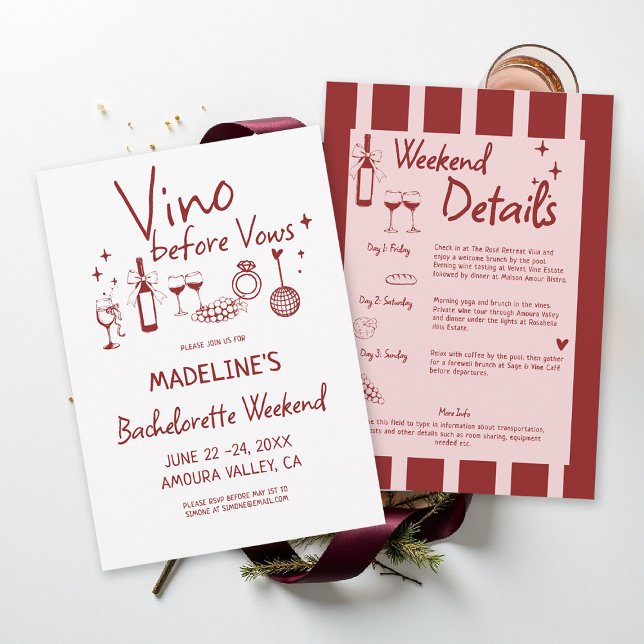 Invitación Winery Bachelorette Wine Tasting Red Itinerary (winery bachelorette party invitation wine tasting girls trip weekend burgundy red stripes)