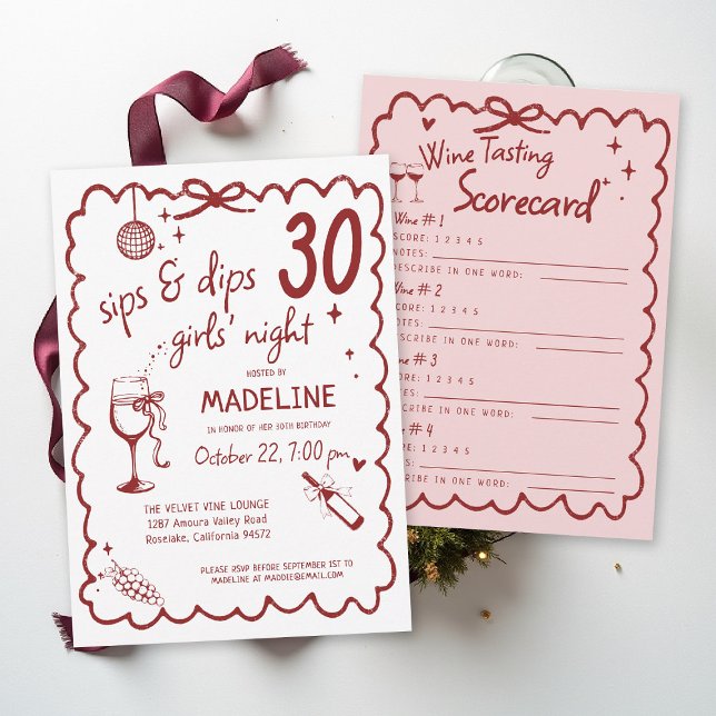 Invitación Winery Girls Night Out Wine Tasting 30th Birthday (winery girls night out birthday invitation wine tasting scorecard red burgundy pink napa sonoma )