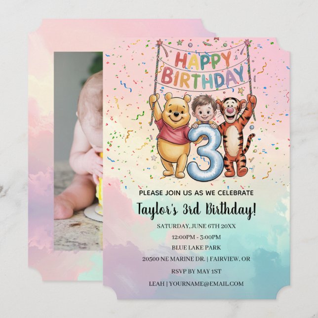 Invitación Winnie the Pooh | Happy Birthday (Anverso / Reverso)