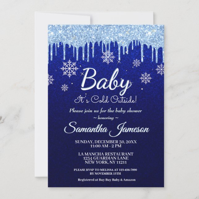Invitación Winowflake Boy Blue Baby Shower Purpurina Drip (Anverso)