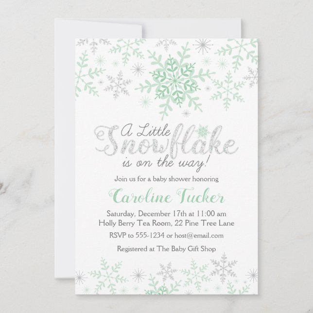 Invitación Winowflakes Baby Shower Mint Green & Silver (Anverso)