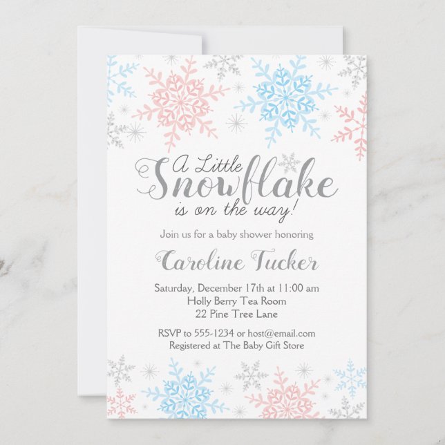 Invitación Winowflakes Baby Shower Pink Blue Silver (Anverso)