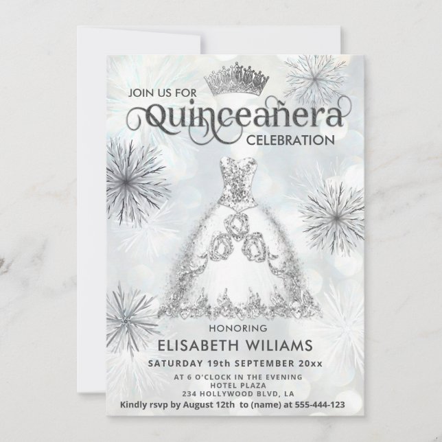 Invitación "Winowflakes tiara Quinceañera (Anverso)