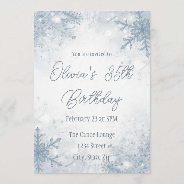 Invitación Winter 35th Birthday Invitation – Cool Gray Snow (Anverso)