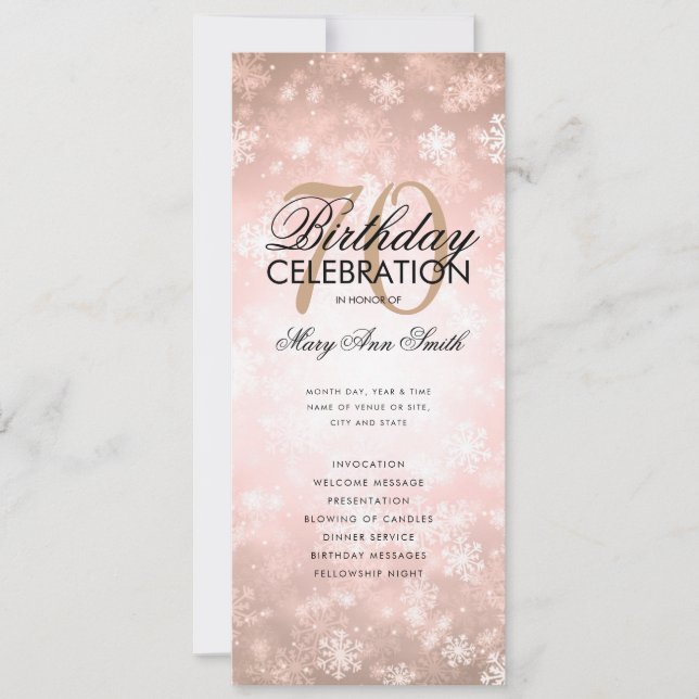 Invitación Winter 70th Birthday Program Rosa Gold Wonderland (Anverso)