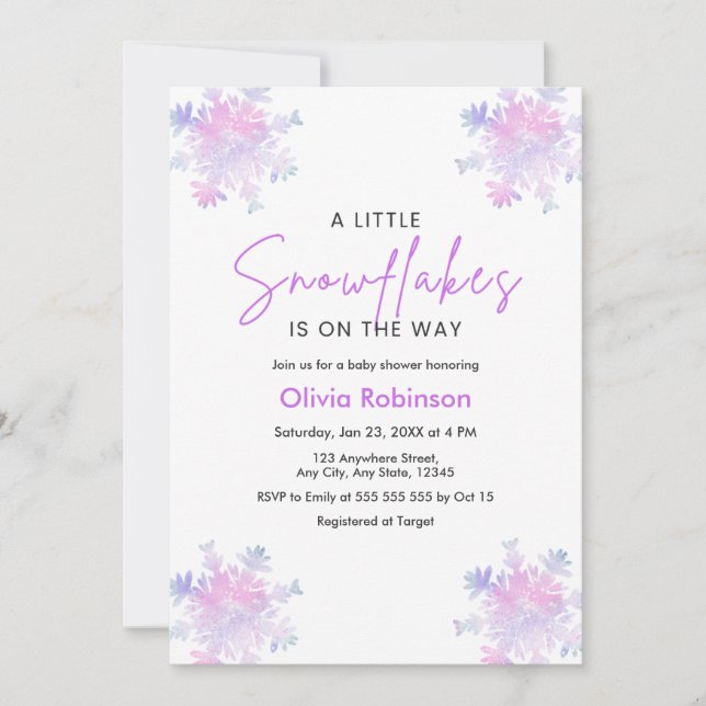 Invitación Winter A Little Snowflake Baby Shower  (Anverso)